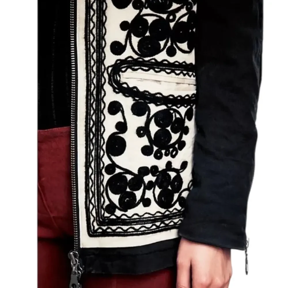 Free People Stitched Quills Embroidered Cream Black Jacket Boho Small Western